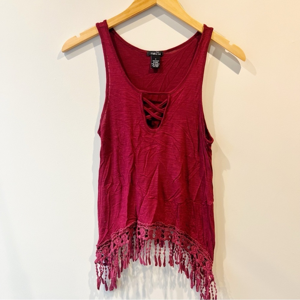 Rue 21 Burgundy Red Lace Trim Criss Cross Tank Top